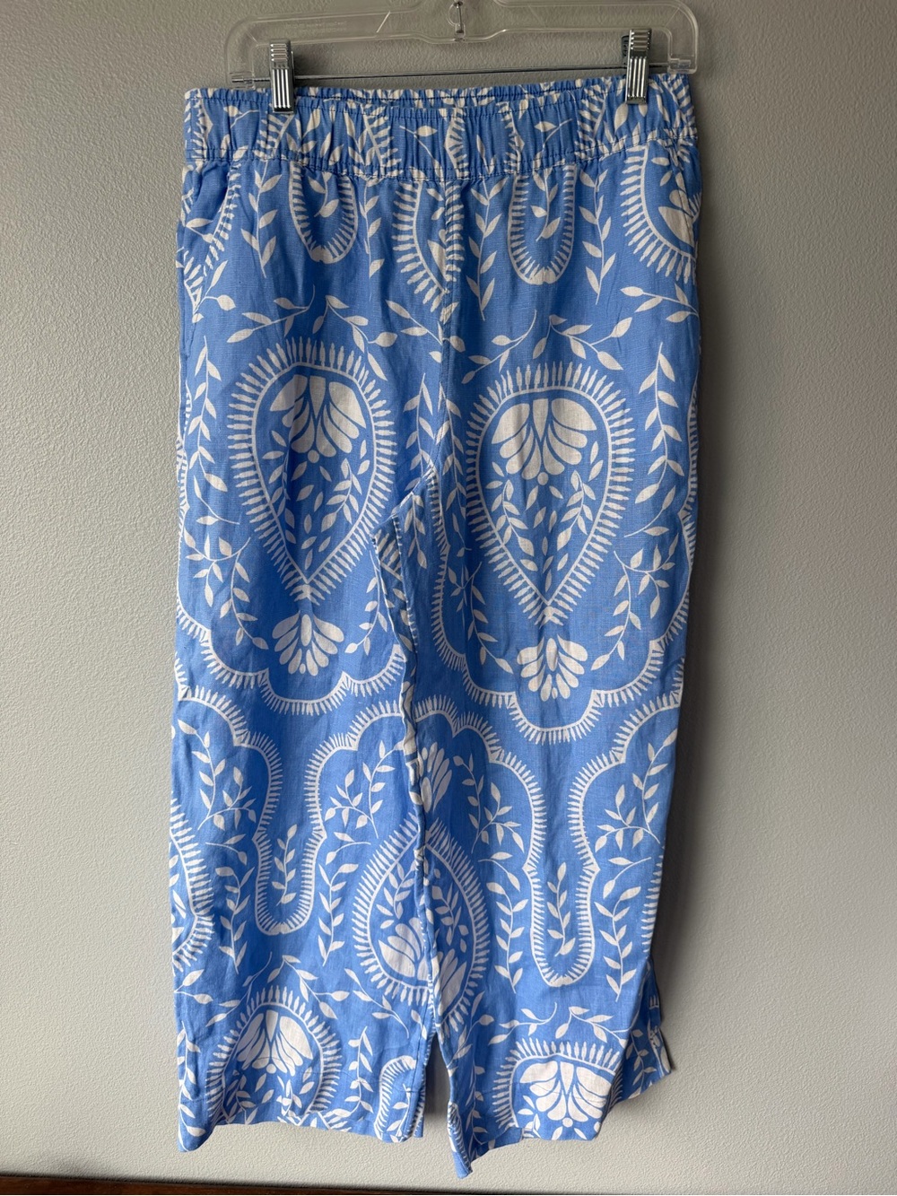 Joie blue white floral paisley 100% linen straight leg cropped ankle pants sz M